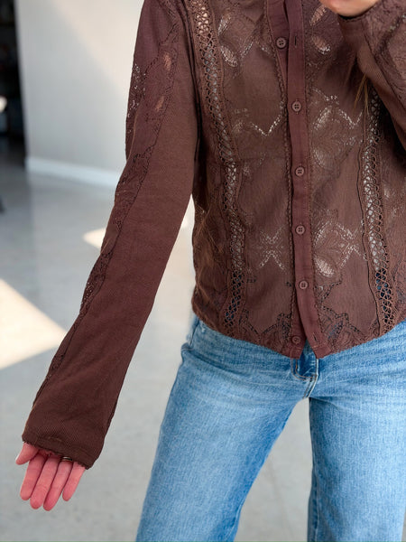 Fun Days Eyelet Lace Button Down [mocha & black]