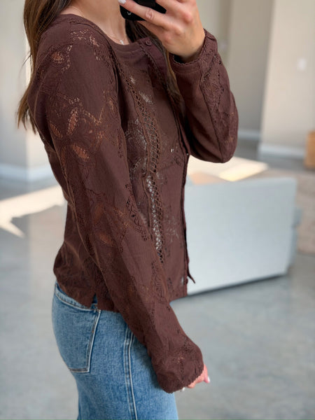 Fun Days Eyelet Lace Button Down [mocha & black]
