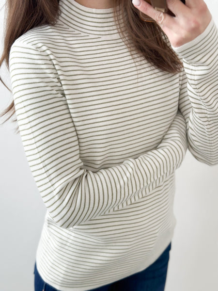 Olive Knit Soft Stripe Mock Neck