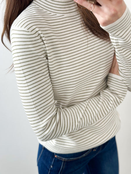 Olive Knit Soft Stripe Mock Neck