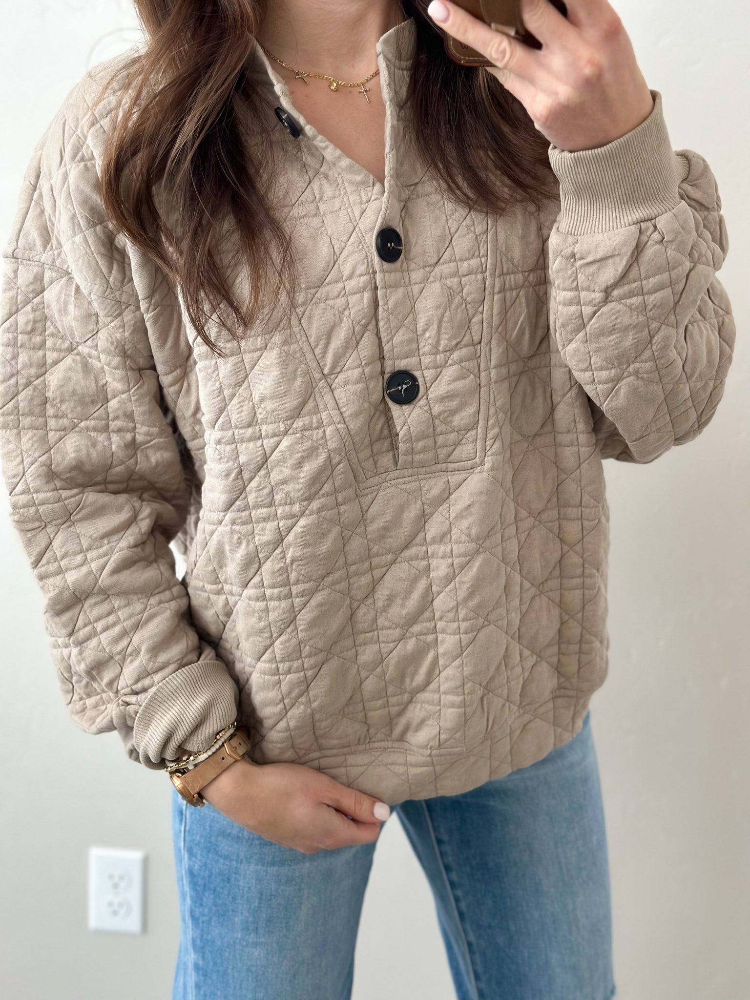 Riley Quilted Henley Pullover [taupe] – Way Boutique LLC