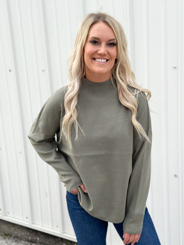 Olive Ribbed Mock Neck Sweater