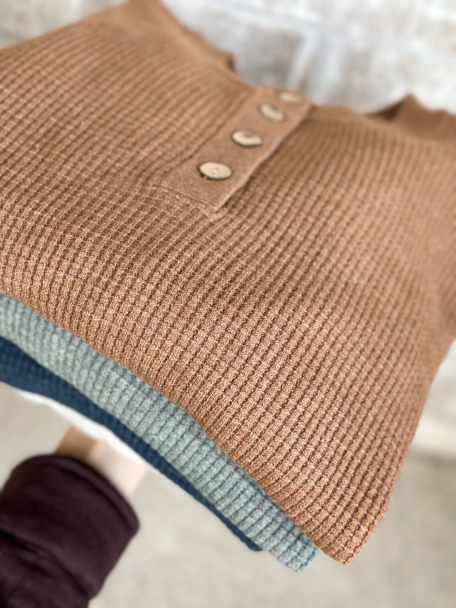 Sweet Heavenly Waffle Henley [camel, teal, olive, oatmeal]