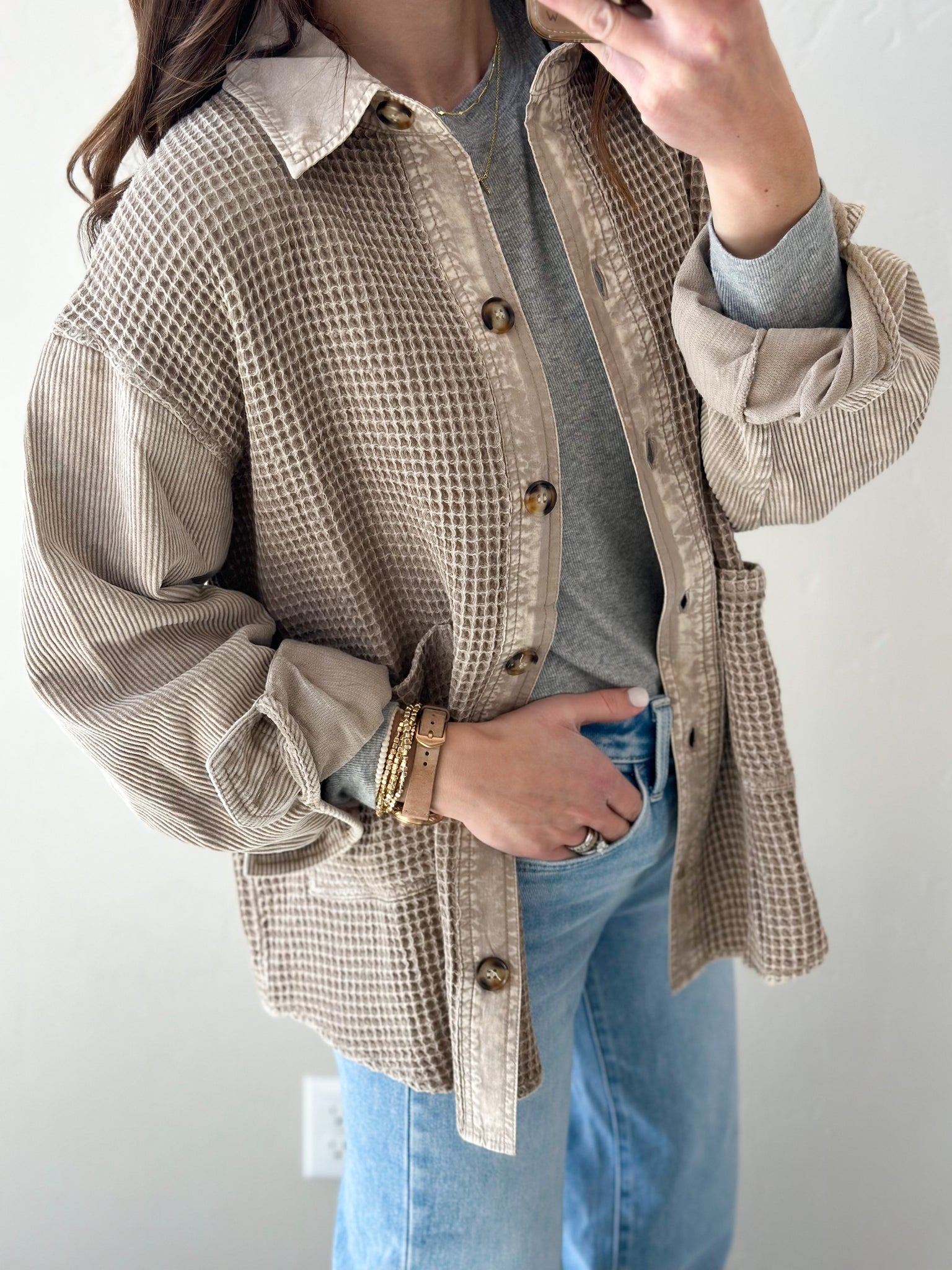 Contrast All the Way Shacket [taupe & olive]