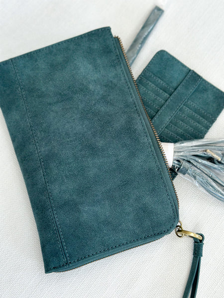 Faux Suede Crossbody/Clutch [evergreen, gray, tan]