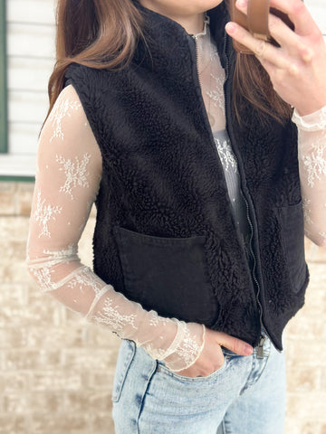 Lucky Cropped Fleece Vest with Black Denim Accents