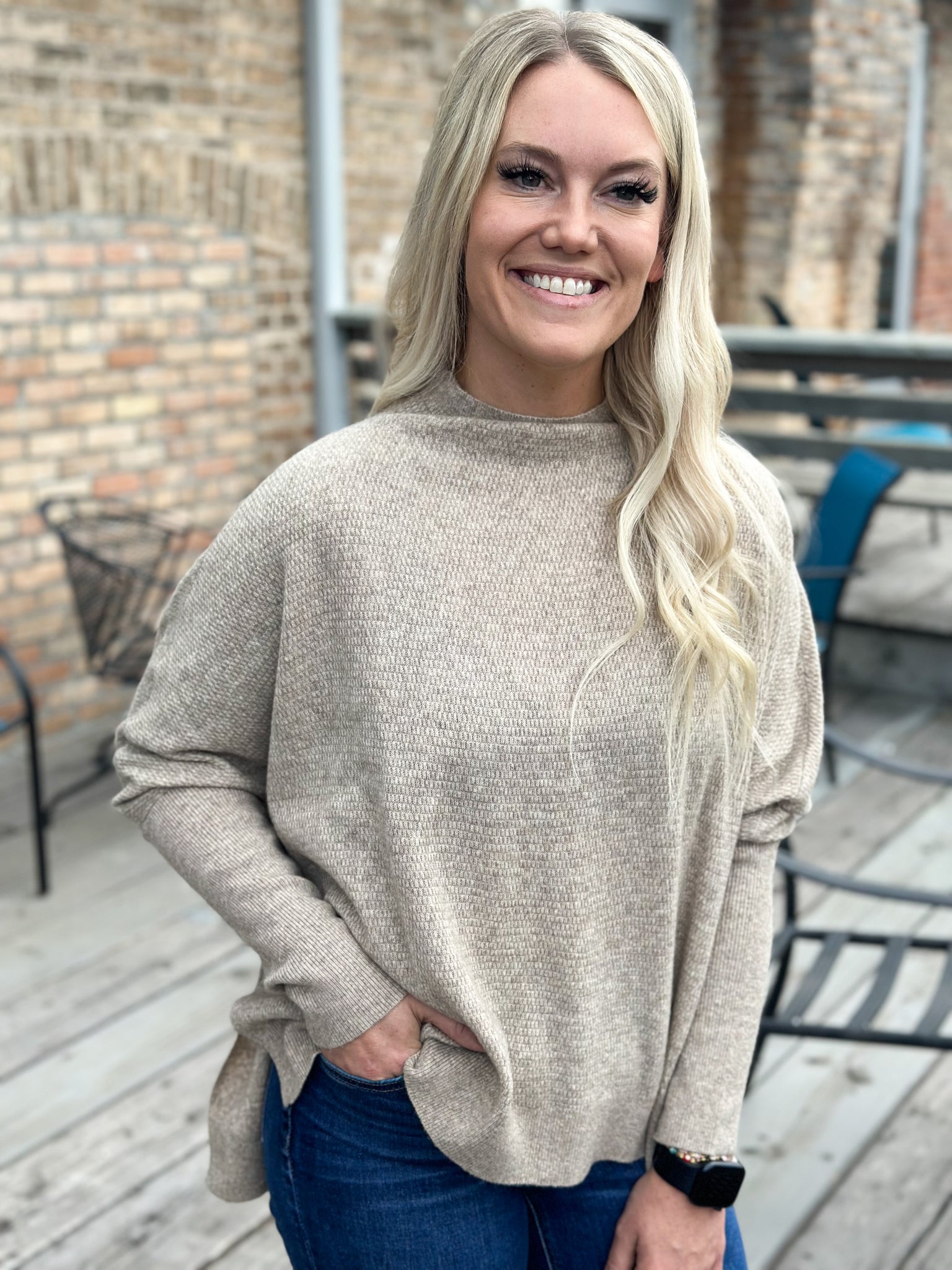 Bliss Mock Neck Waffle Sweater