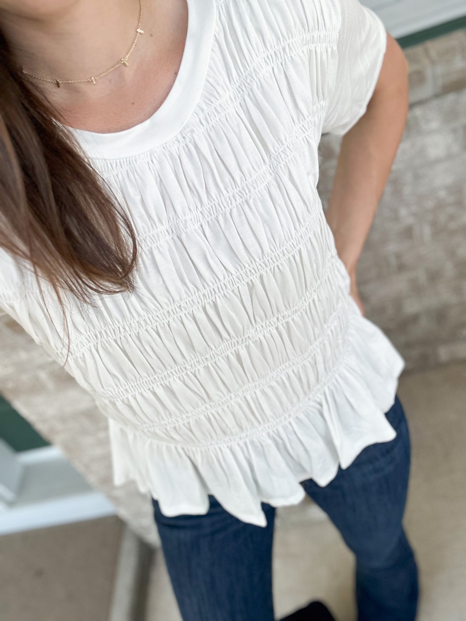 Cameo Smocked Top [white & olive]