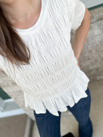 Cameo Smocked Top [white & olive]