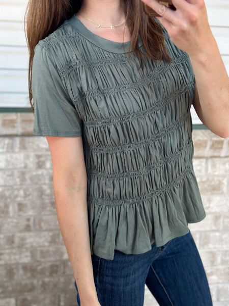 Cameo Smocked Top [white & olive]