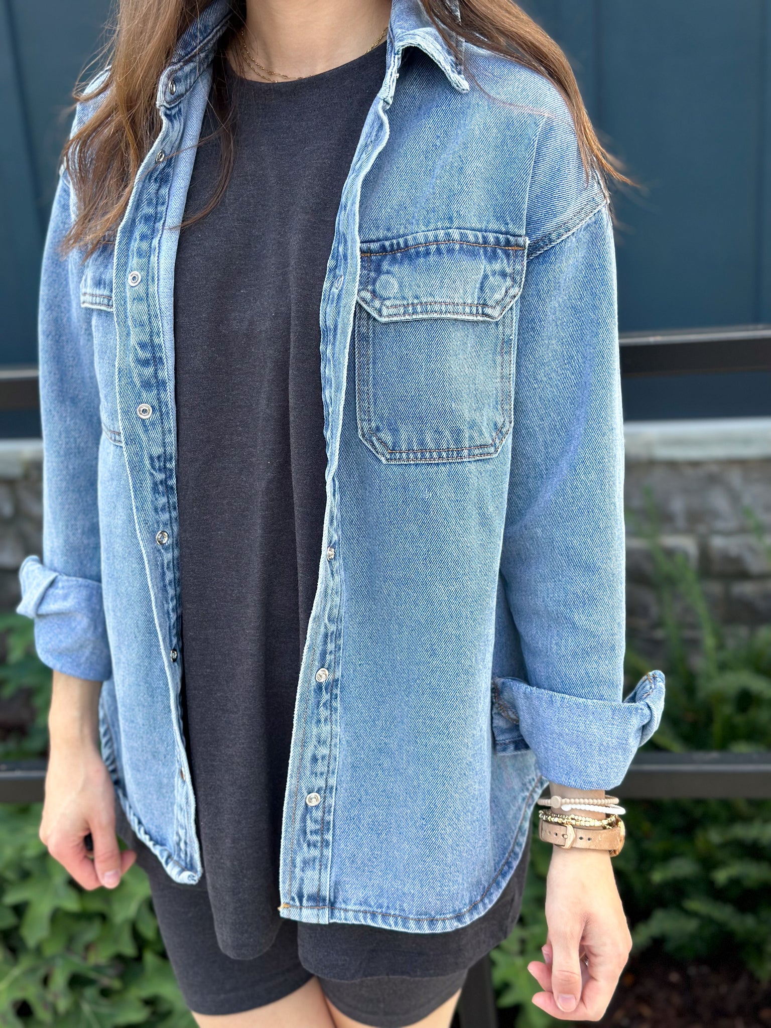Classy Espresso Pearl Snap Denim Jacket