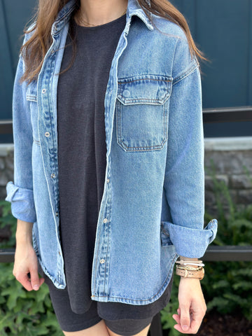 Classy Espresso Pearl Snap Denim Jacket