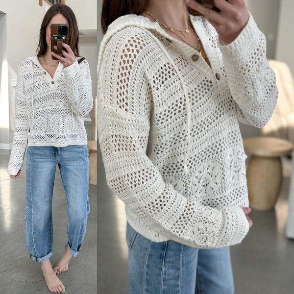 Beachy Crochet Hoodie [white & peach]
