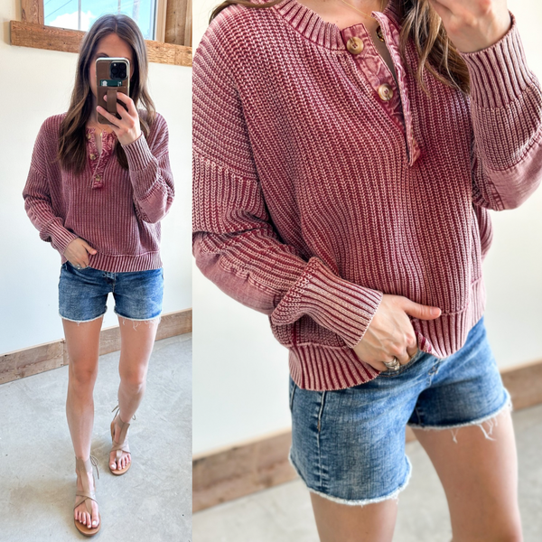 Dani Acid Wash Henley Sweater [burgundy & olive]