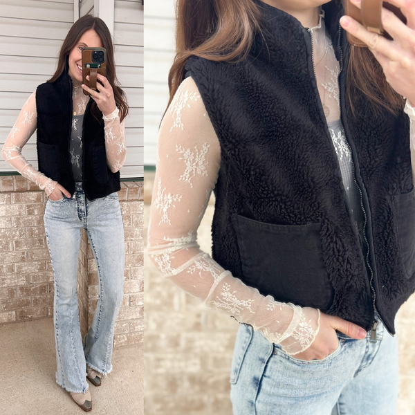 Lucky Cropped Fleece Vest with Black Denim Accents