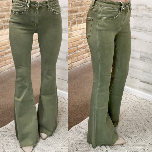 Olive High Rise Wide Flare Jeans