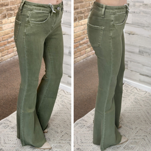 Olive High Rise Wide Flare Jeans