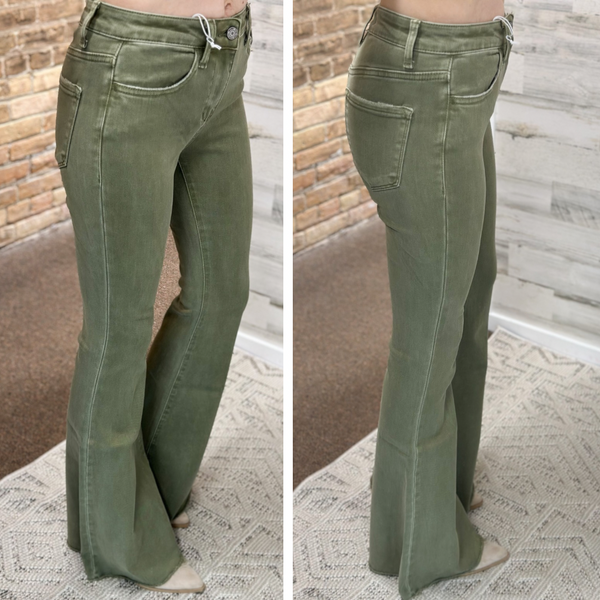 Olive High Rise Wide Flare Jeans