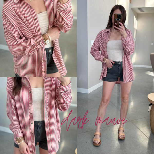 [Dark Mauve & Baby Blue] Stripe Cotton Button Down