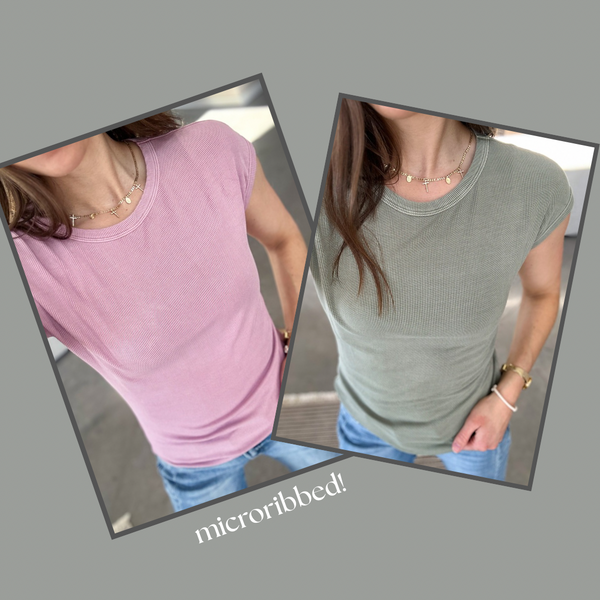 Ann Ribbed Capped Sleeve Tees [sage & spring pink]