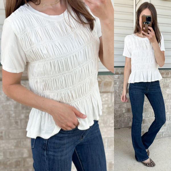 Cameo Smocked Top [white & olive]